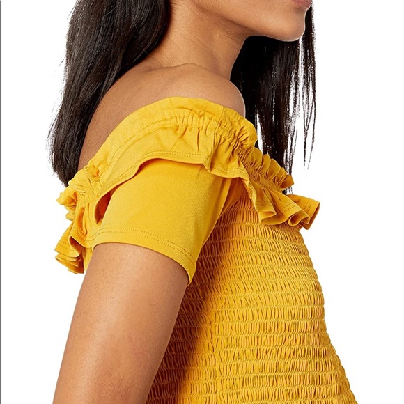 Mustard Smocked Off Shoulder Crop Top - Picture 2 of 6